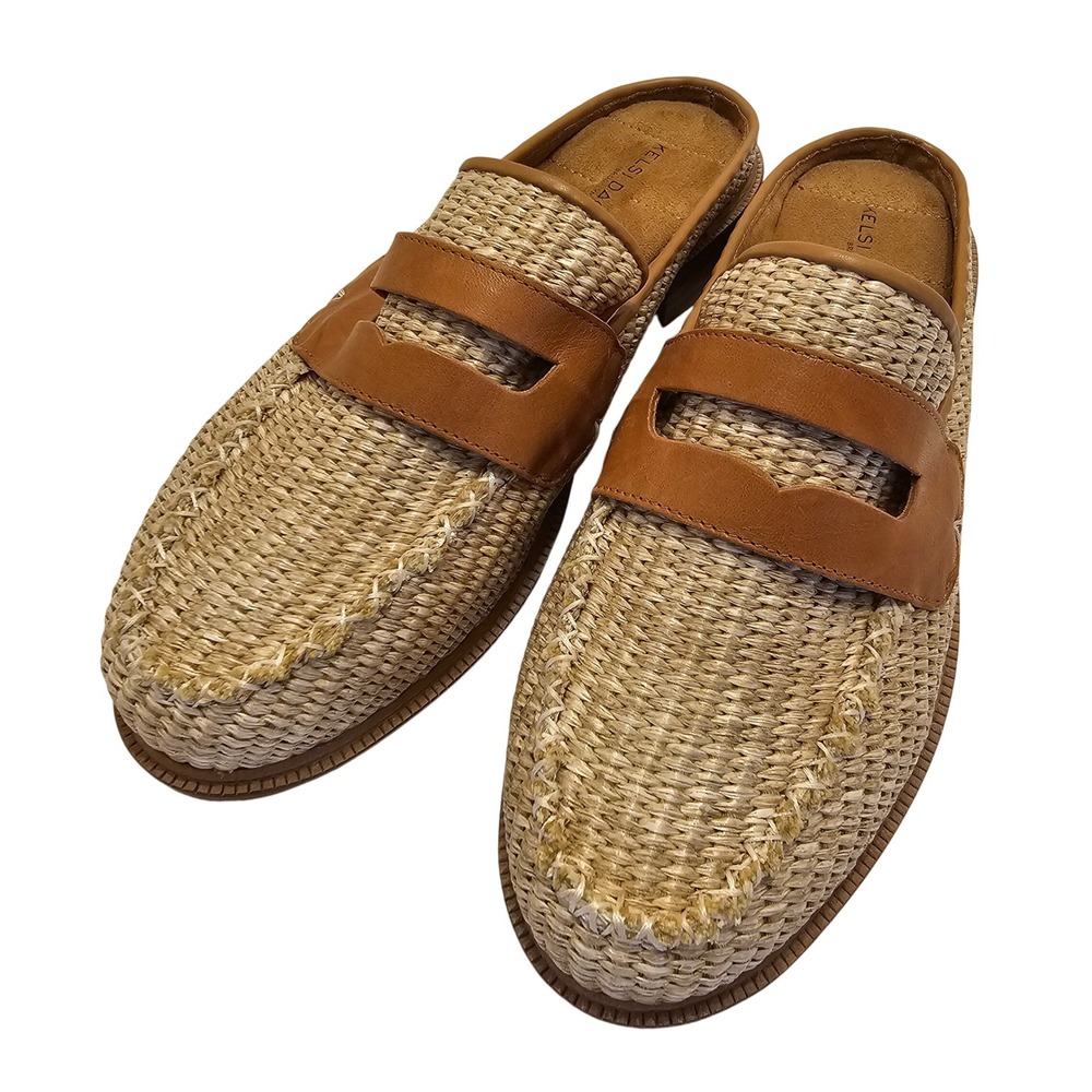 Kelsi Dagger Brooklyn Lock Mule Woven Straw Leather Penny Loafer Tan Women 9